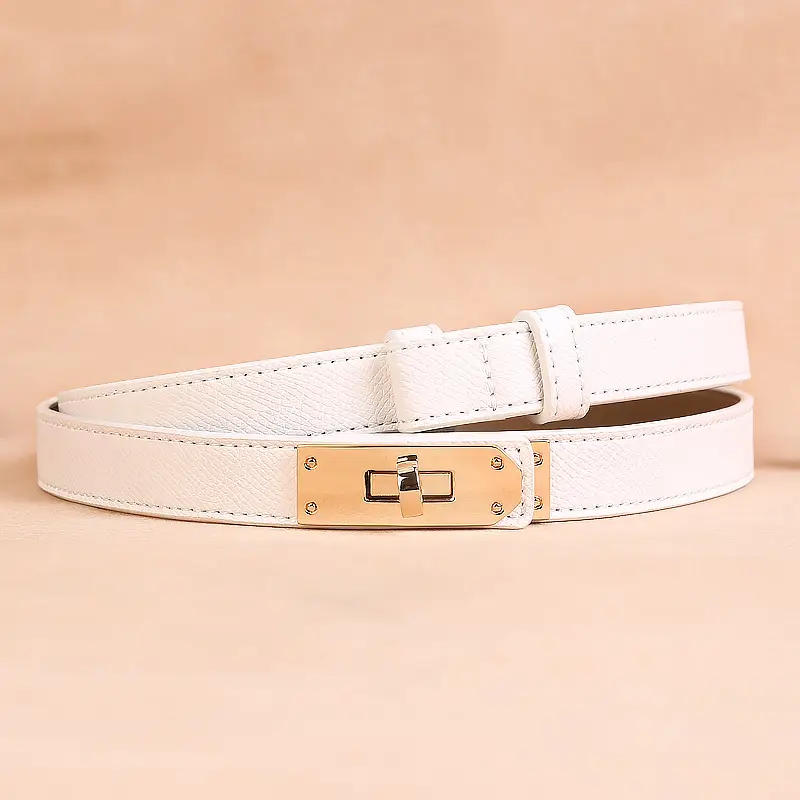 Women's Genuine Leather Buckle Belt Brown Narrow Girdle Suit Dress - Image 7