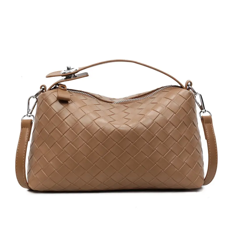 Women Handheld Woven Leather Bag Tan Single Shoulder - Image 10