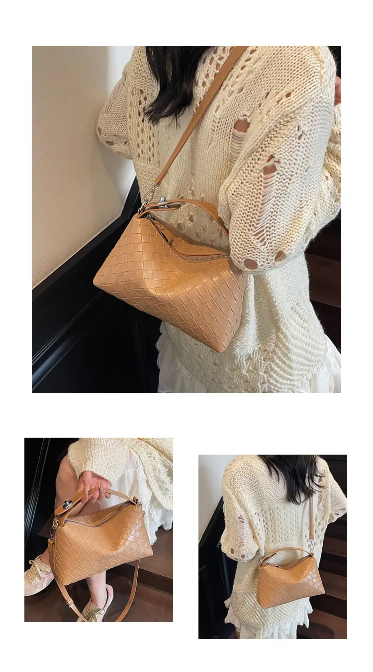 Women Handheld Woven Leather Bag Tan Single Shoulder — feature 10