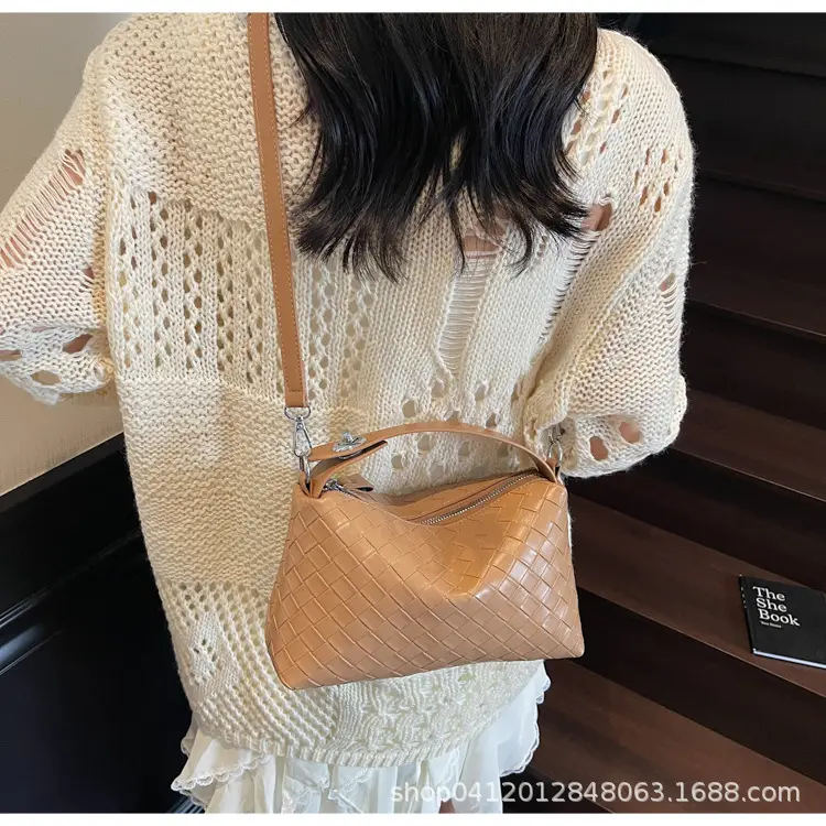 Women Handheld Woven Leather Bag Tan Single Shoulder — feature 17