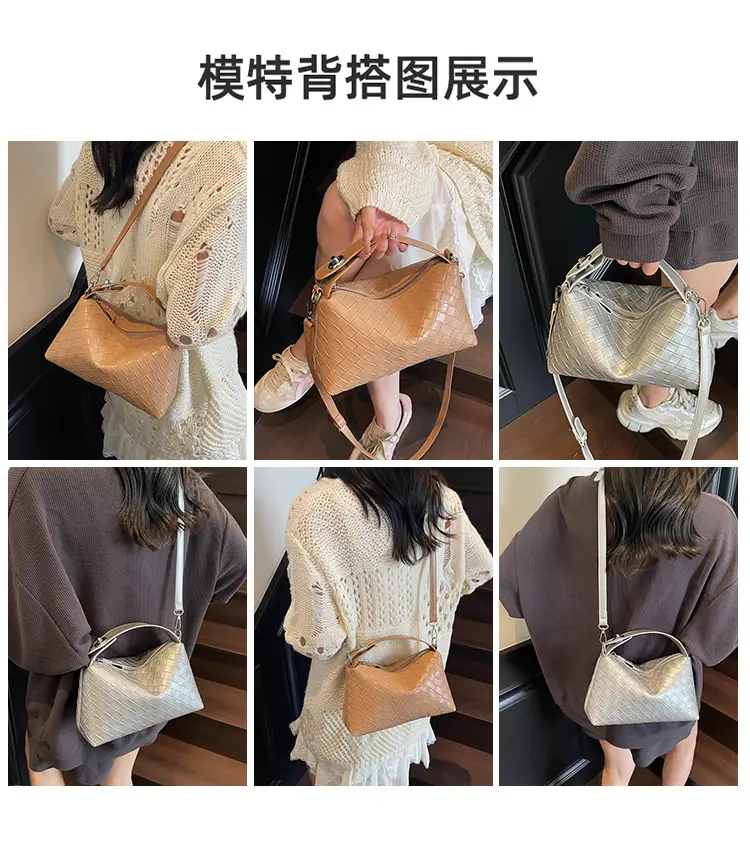 Women Handheld Woven Leather Bag Tan Single Shoulder — feature 9