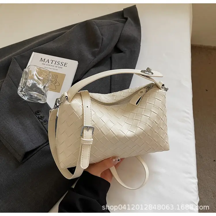 Women Handheld Woven Leather Bag Tan Single Shoulder - Image 2