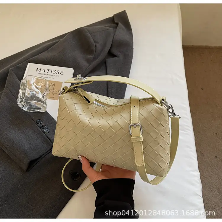 Women Handheld Woven Leather Bag Tan Single Shoulder - Image 3
