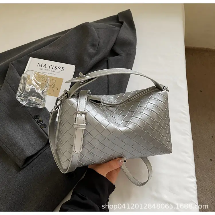 Women Handheld Woven Leather Bag Tan Single Shoulder - Image 4