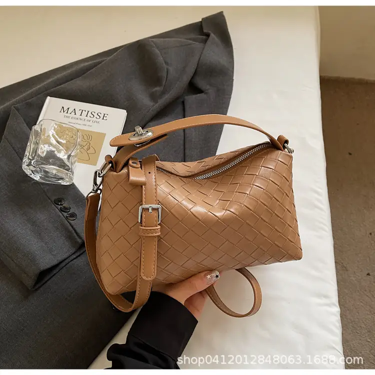 Women Handheld Woven Leather Bag Tan Single Shoulder - Image 5