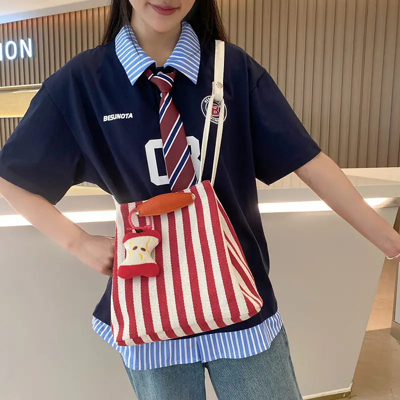 Red Striped Korean Style Tote Bag for Women - Image 5