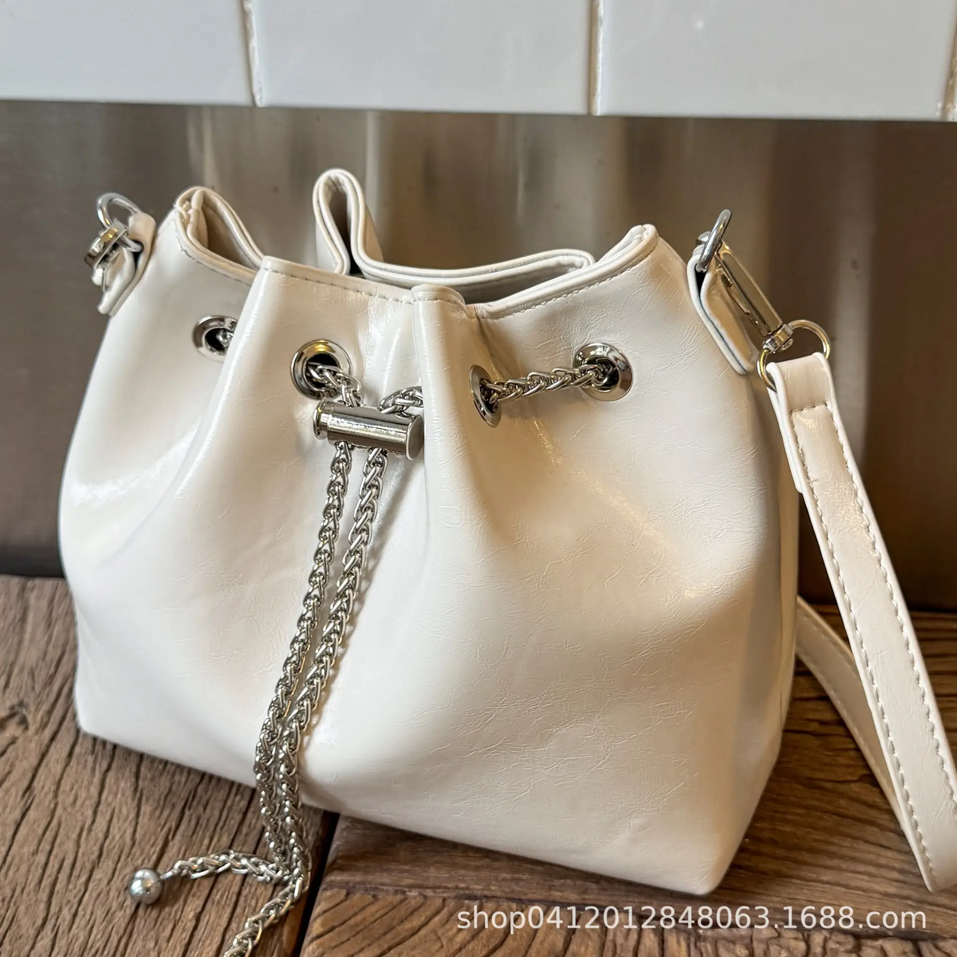 Black Oil Leather Bucket Bag with Chain Strap