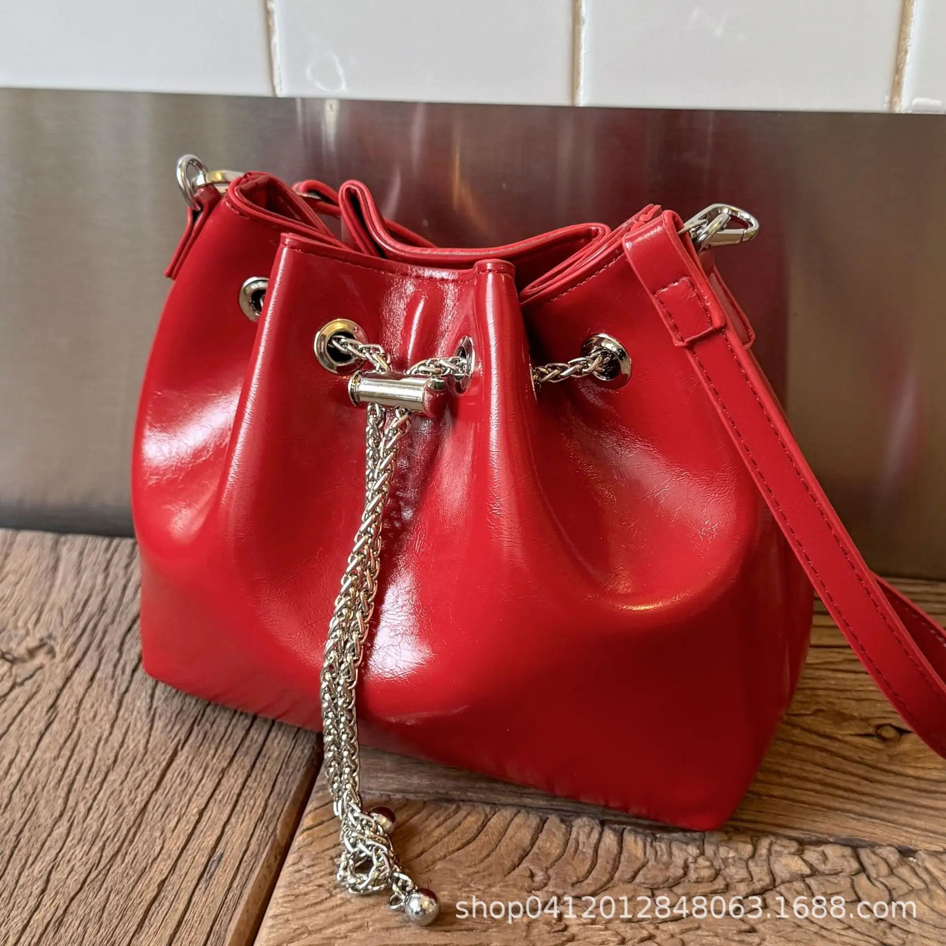 Black Oil Leather Bucket Bag with Chain Strap