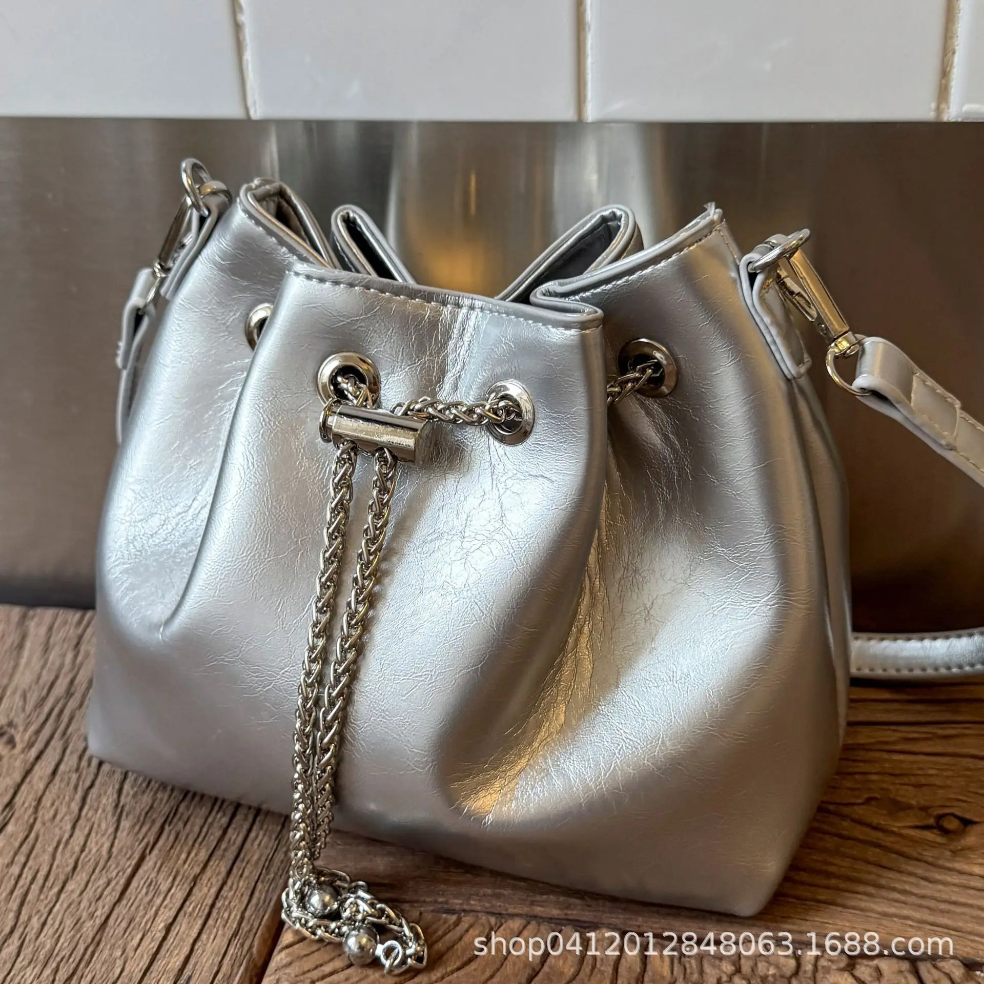 Black Oil Leather Bucket Bag with Chain Strap