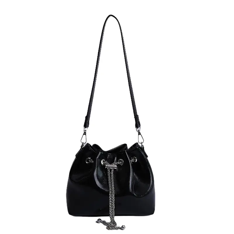 Black Oil Leather Bucket Bag with Chain Strap