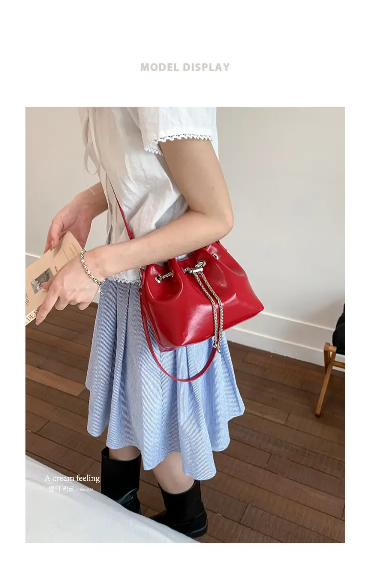 Black Oil Leather Bucket Bag with Chain Strap — feature 1