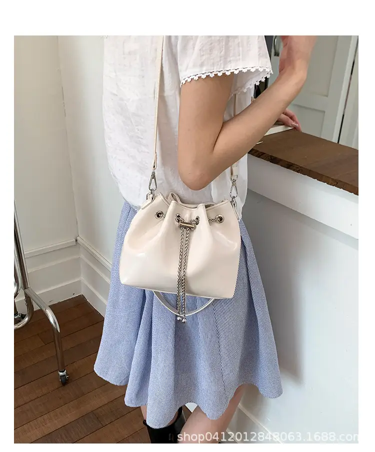 Black Oil Leather Bucket Bag with Chain Strap — feature 11