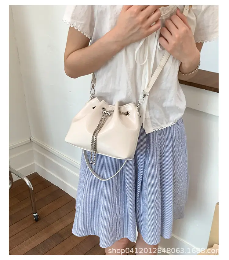 Black Oil Leather Bucket Bag with Chain Strap — feature 12