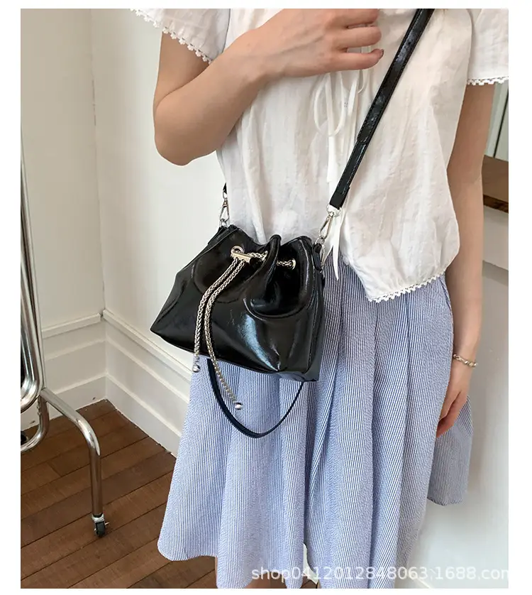 Black Oil Leather Bucket Bag with Chain Strap — feature 13