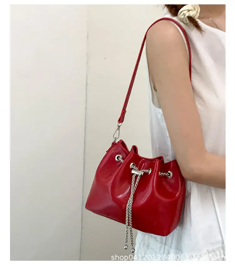Black Oil Leather Bucket Bag with Chain Strap — feature 14