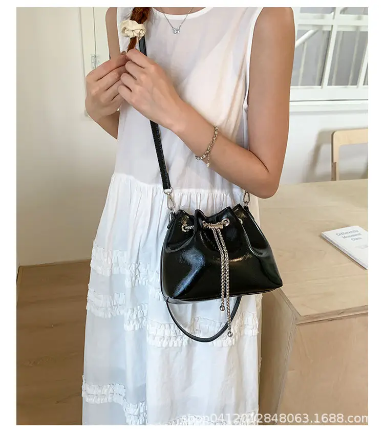 Black Oil Leather Bucket Bag with Chain Strap — feature 16