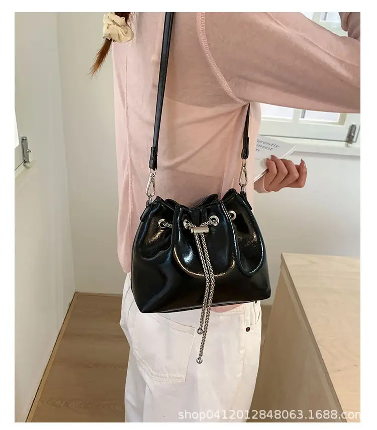 Black Oil Leather Bucket Bag with Chain Strap — feature 21