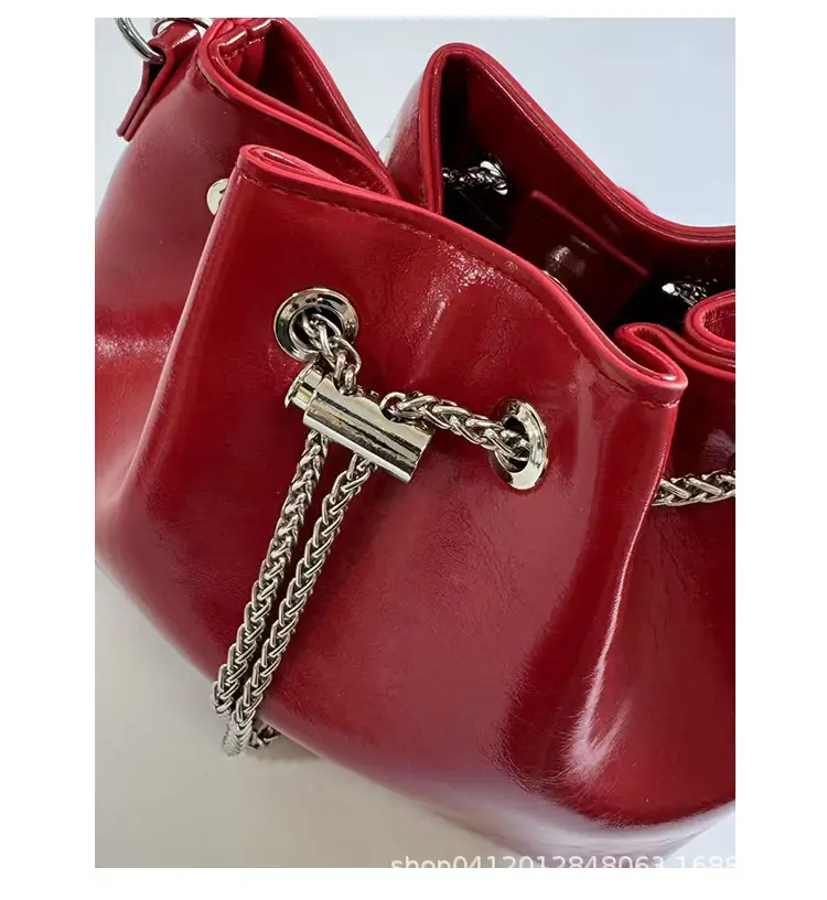 Black Oil Leather Bucket Bag with Chain Strap — feature 22