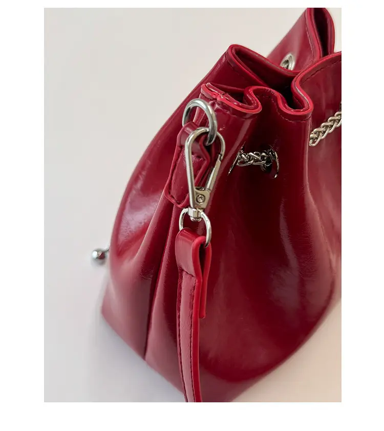 Black Oil Leather Bucket Bag with Chain Strap — feature 23