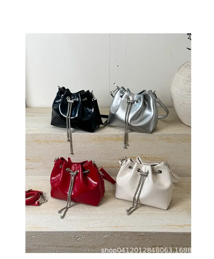 Black Oil Leather Bucket Bag with Chain Strap — feature 4