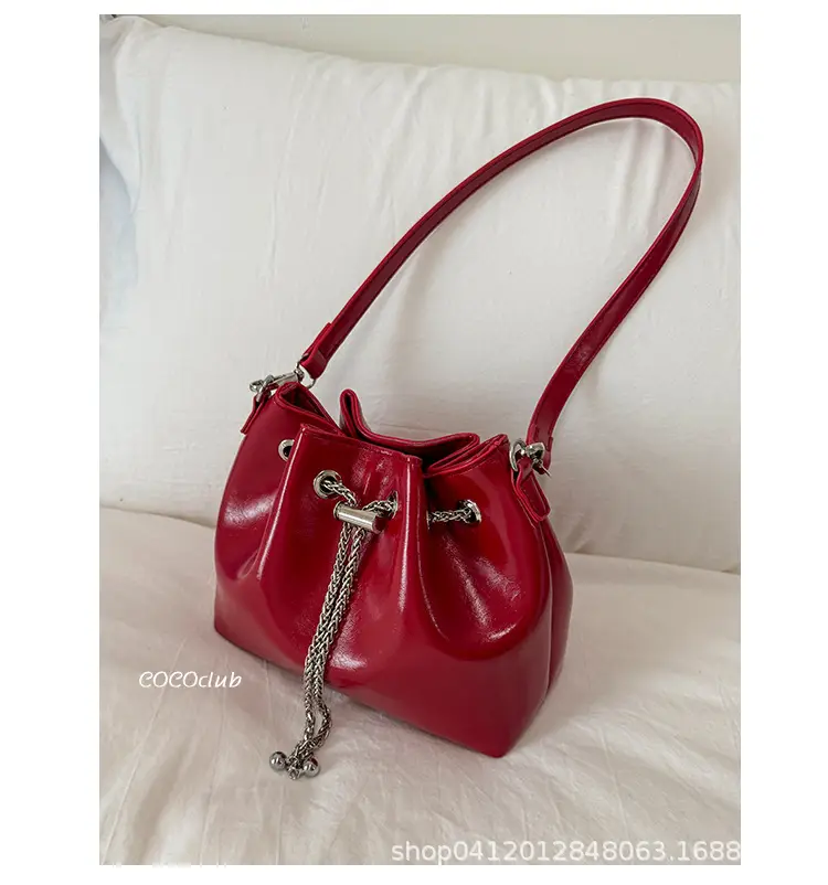 Black Oil Leather Bucket Bag with Chain Strap — feature 5