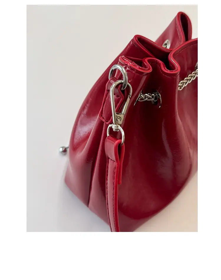 Black Oil Leather Bucket Bag with Chain Strap — feature 6