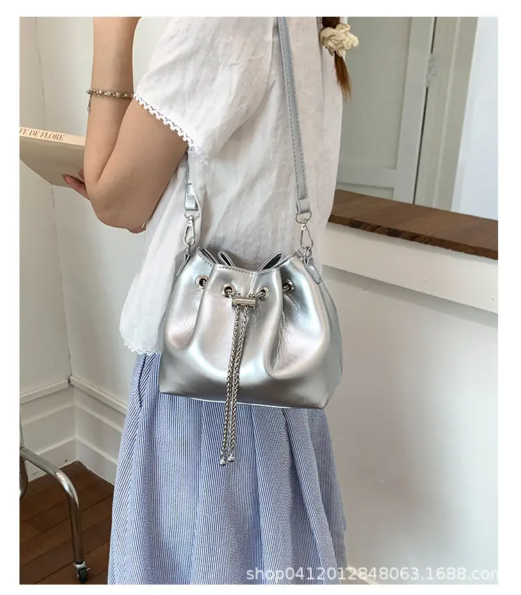 Black Oil Leather Bucket Bag with Chain Strap — feature 9