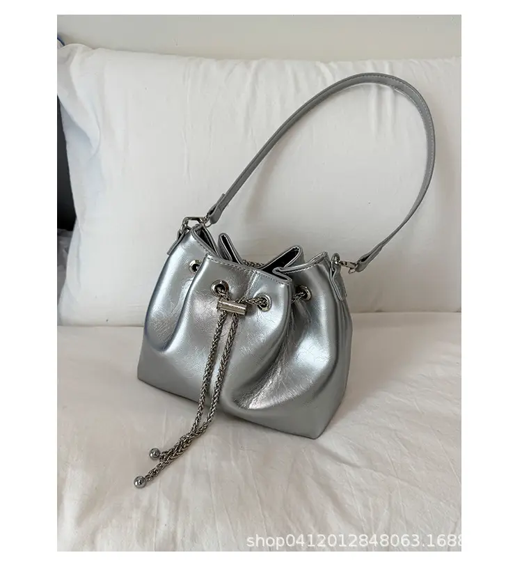 Black Oil Leather Bucket Bag with Chain Strap