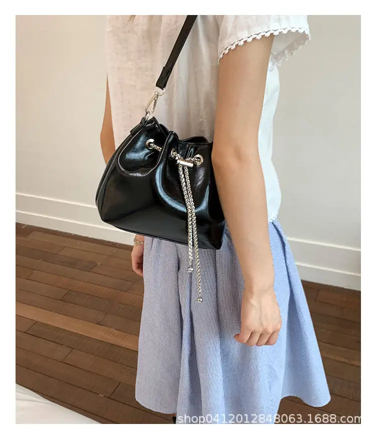 Black Oil Leather Bucket Bag with Chain Strap