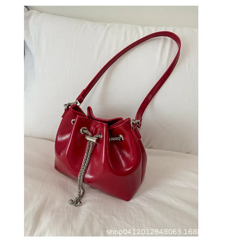Black Oil Leather Bucket Bag with Chain Strap