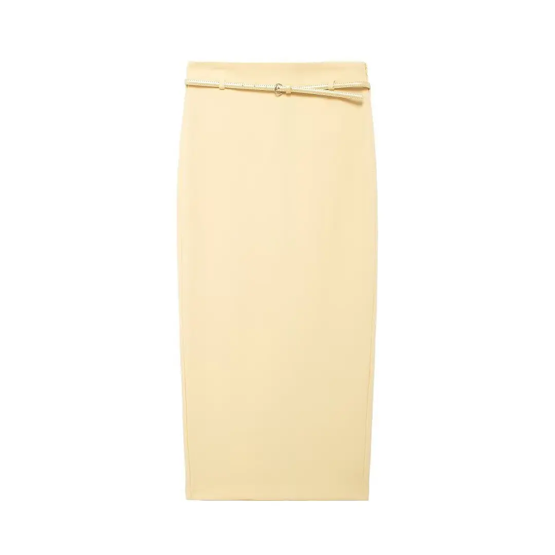 Women's High Waist Slim Skirt Beige Belted — feature 2