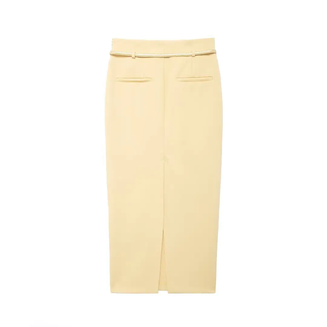 Women's High Waist Slim Skirt Beige Belted — feature 3