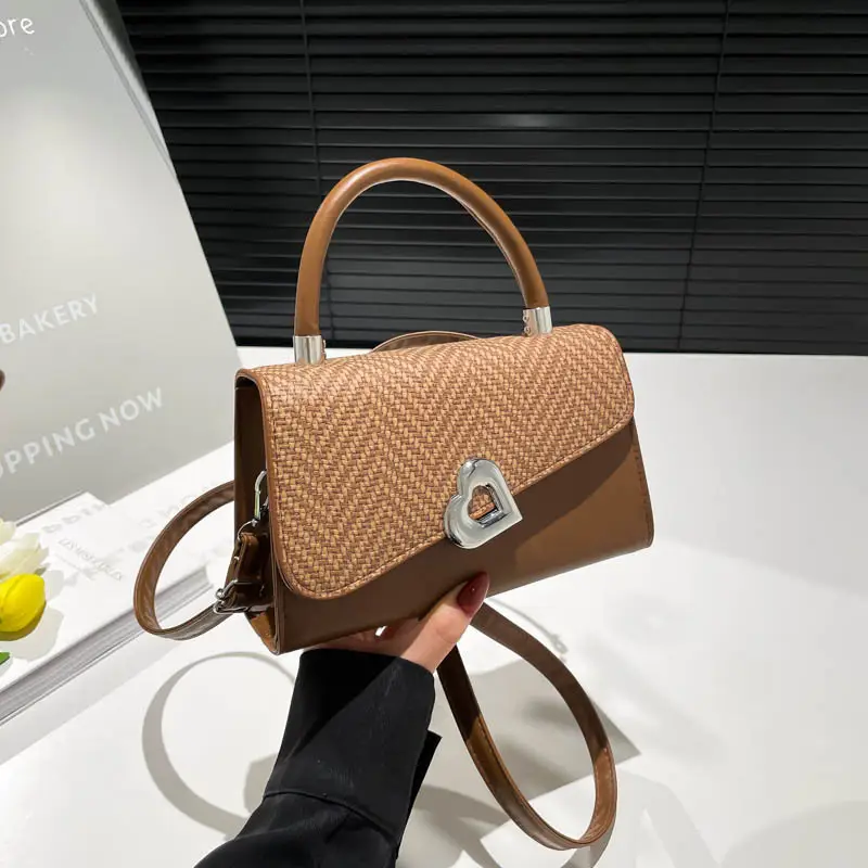 2025 Summer Crossbody Bag Brown Beige Herringbone Design - Image 3