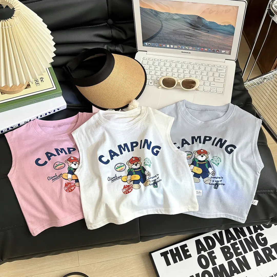 Summer Boys Cotton Camping T-Shirt Sleeveless White - Image 5