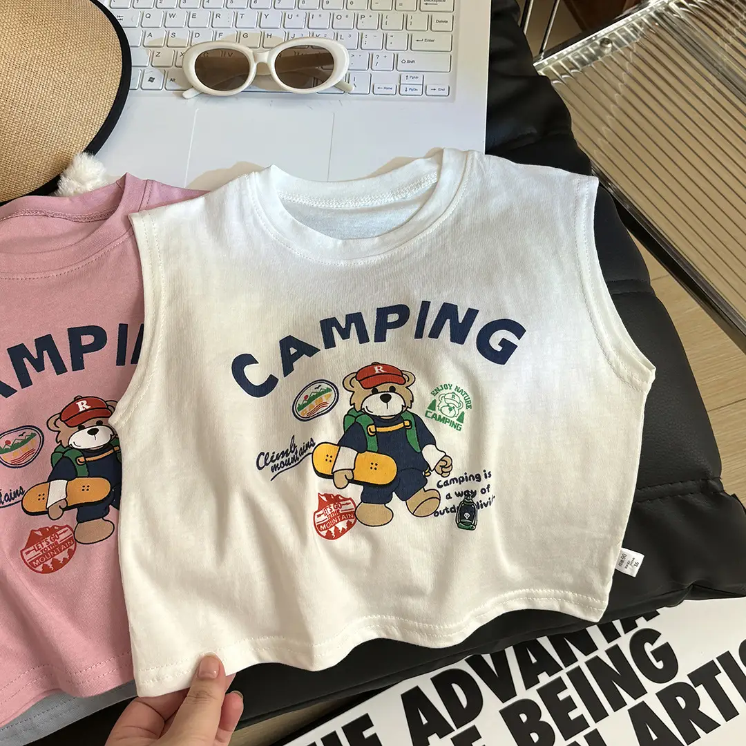 Summer Boys Cotton Camping T-Shirt Sleeveless White - Image 6