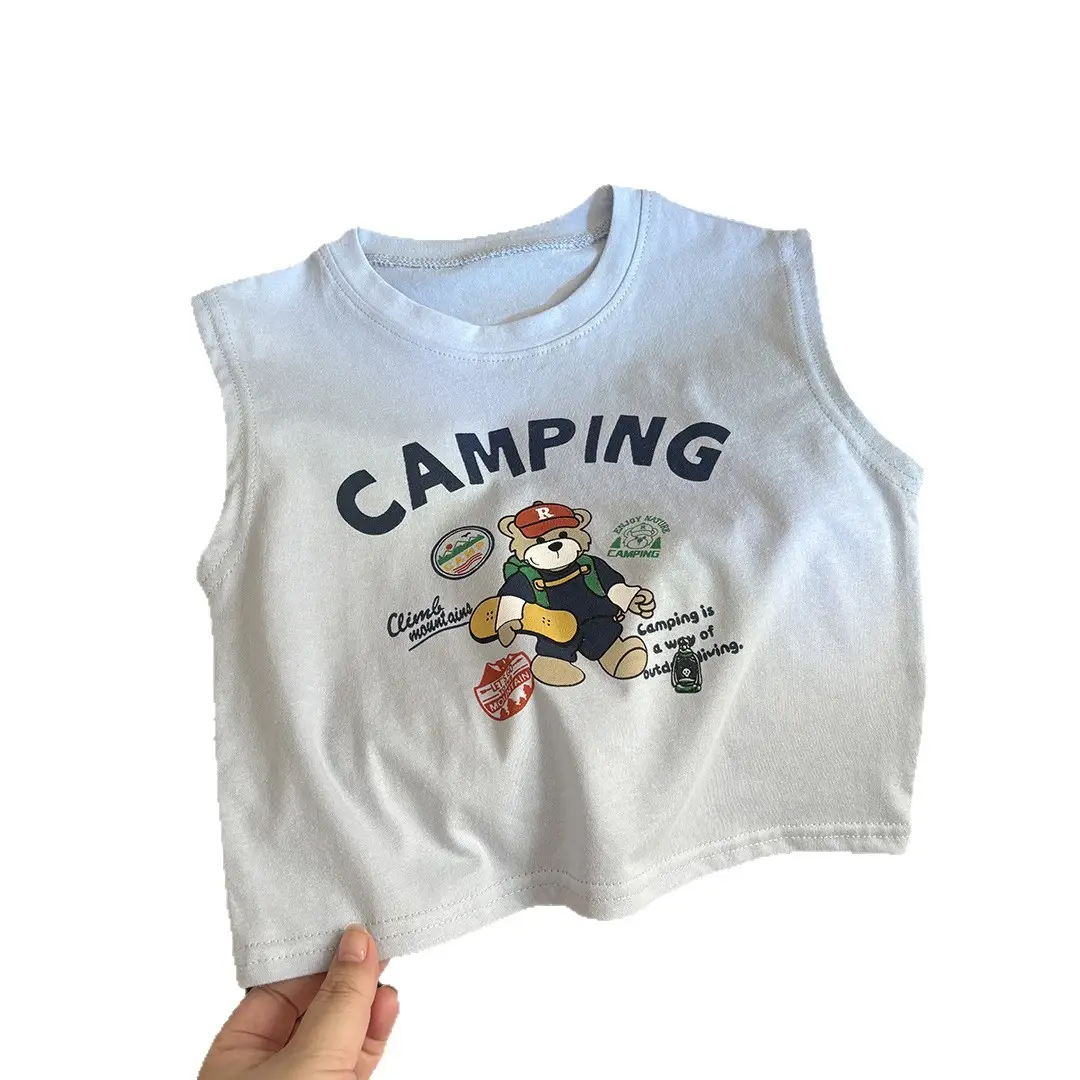 Summer Boys Cotton Camping T-Shirt Sleeveless White - Image 8