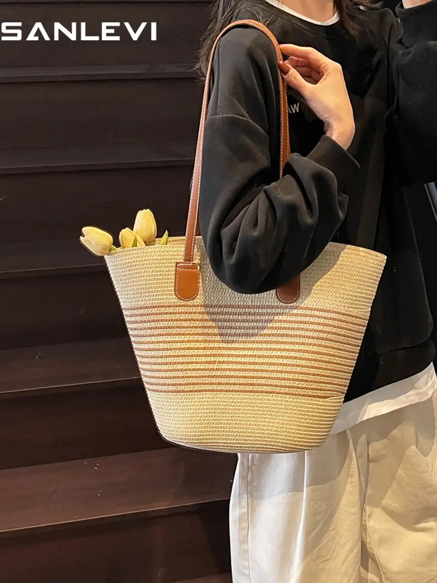 Japanese Straw Woven Beach Bag Large Capacity Women - Image 10