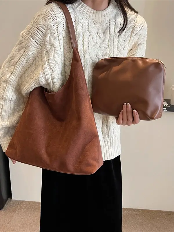 Women Cross-Border Soft Suede Bucket Bag Brown 2025