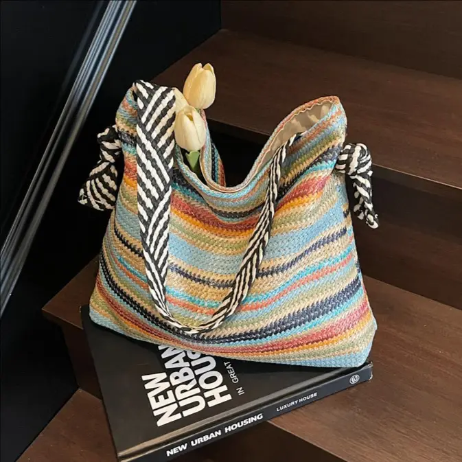 Multi Color Straw Shoulder Bag Large Capacity - Image 4