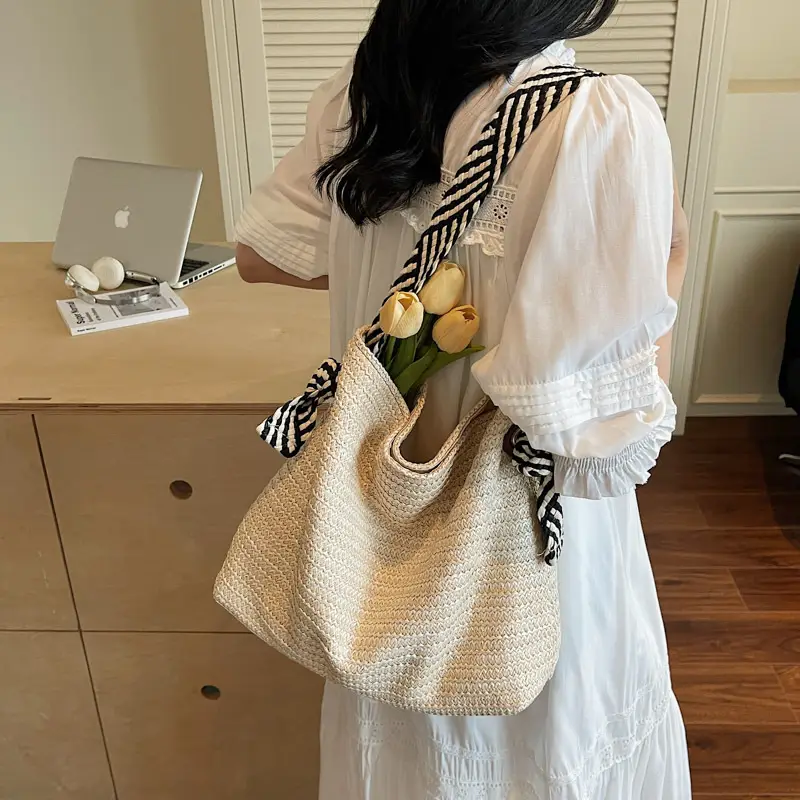 Multi Color Straw Shoulder Bag Large Capacity - Image 5