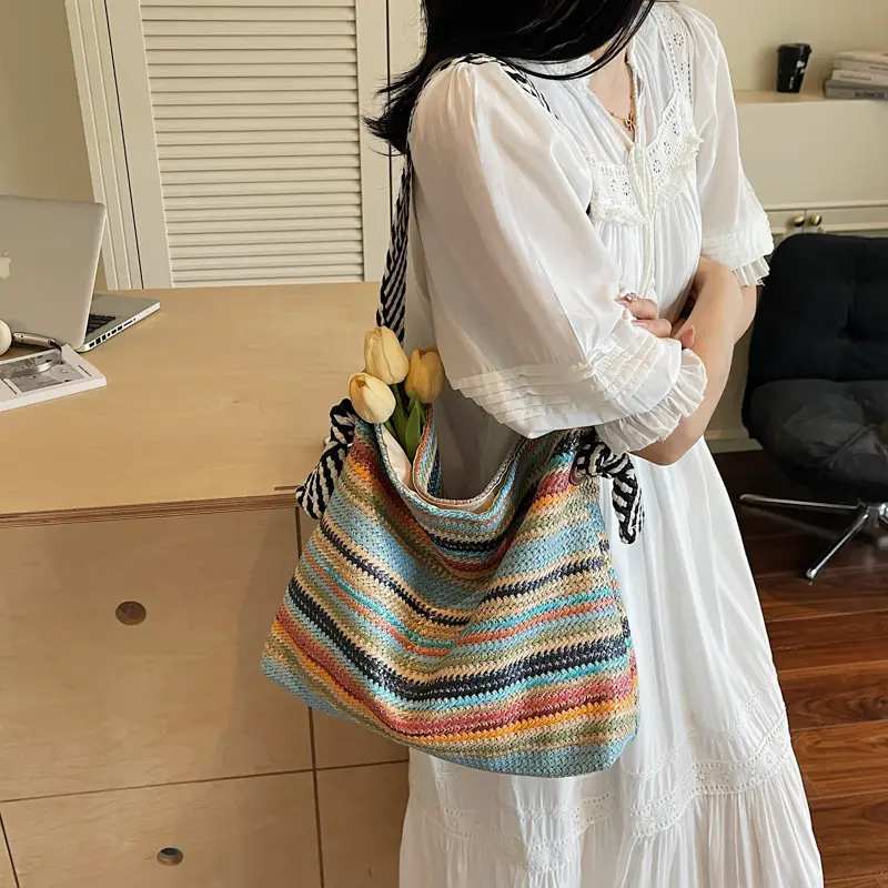 Multi Color Straw Shoulder Bag Large Capacity - Image 7