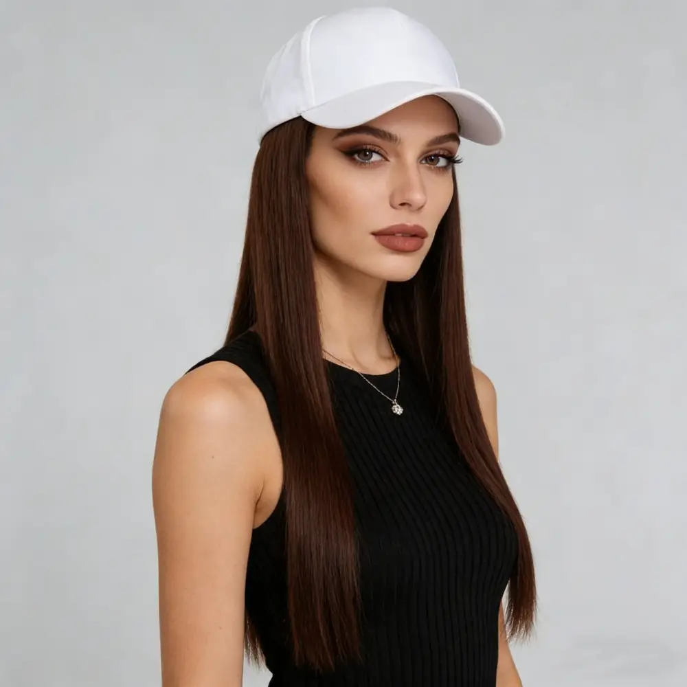 Long Straight Hair Wig with Peaked Cap for Daily Wear
