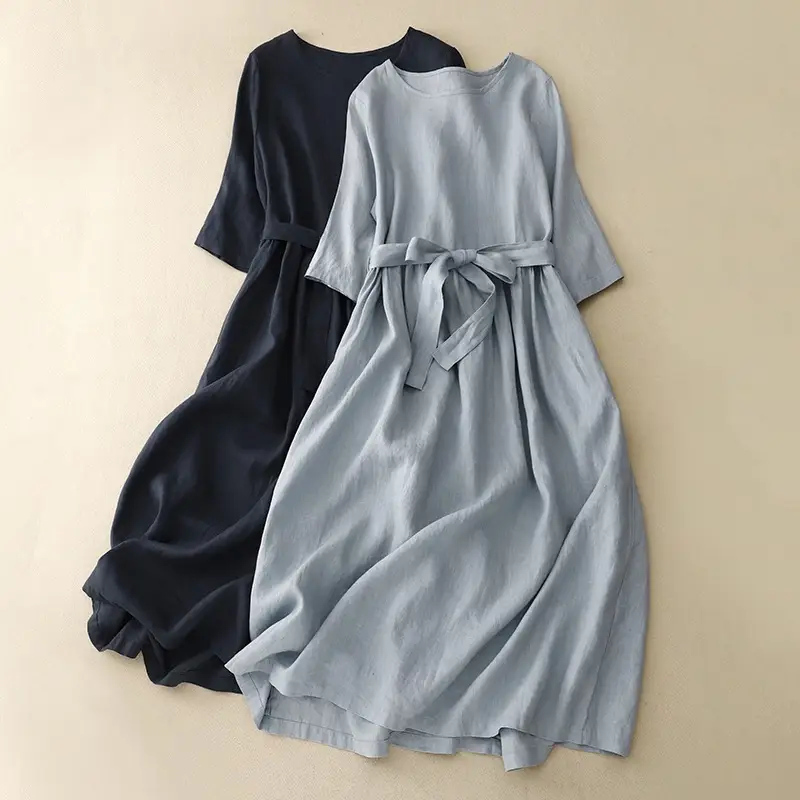 2026 Summer Dress Navy Cotton Belted Flared Long - Image 4