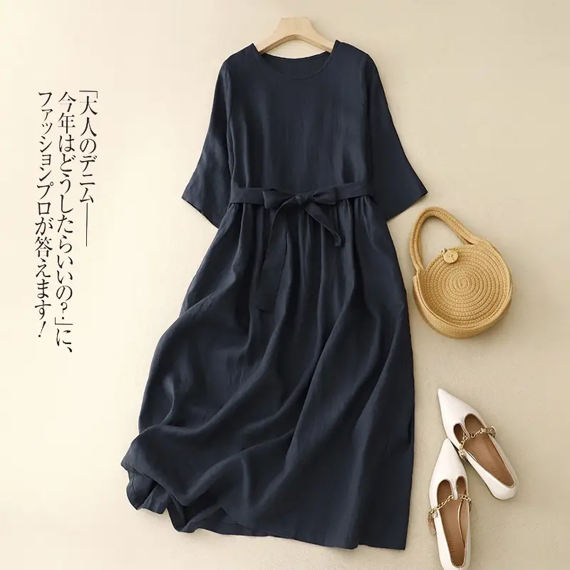 2026 Summer Dress Navy Cotton Belted Flared Long - Image 5