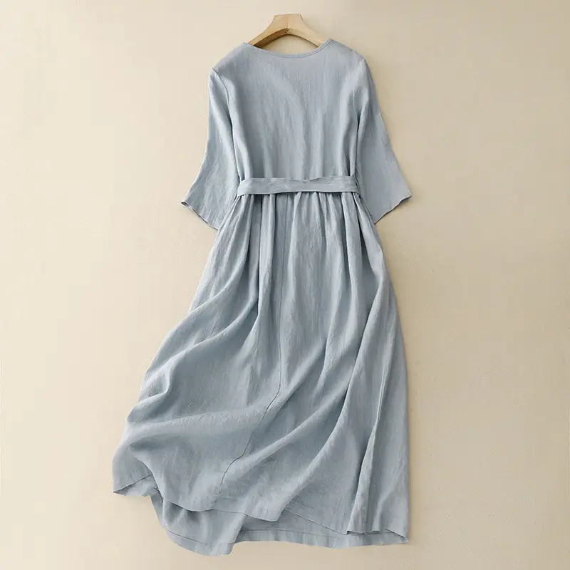 2026 Summer Dress Navy Cotton Belted Flared Long - Image 6