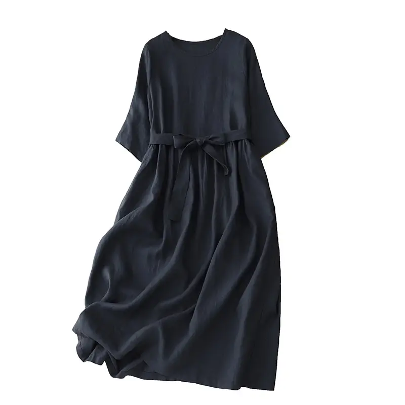 2026 Summer Dress Navy Cotton Belted Flared Long - Image 7
