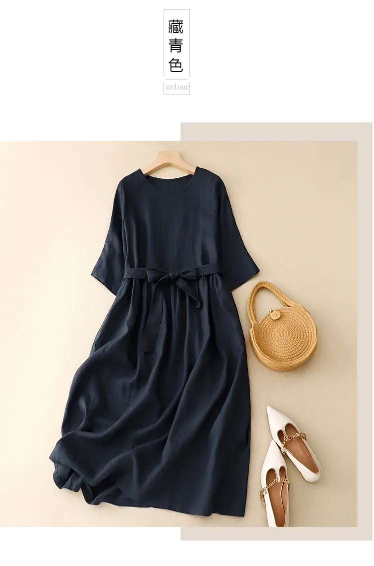 2026 Summer Dress Navy Cotton Belted Flared Long — feature 12
