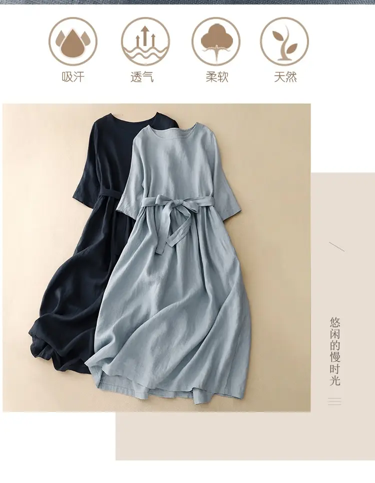 2026 Summer Dress Navy Cotton Belted Flared Long — feature 4