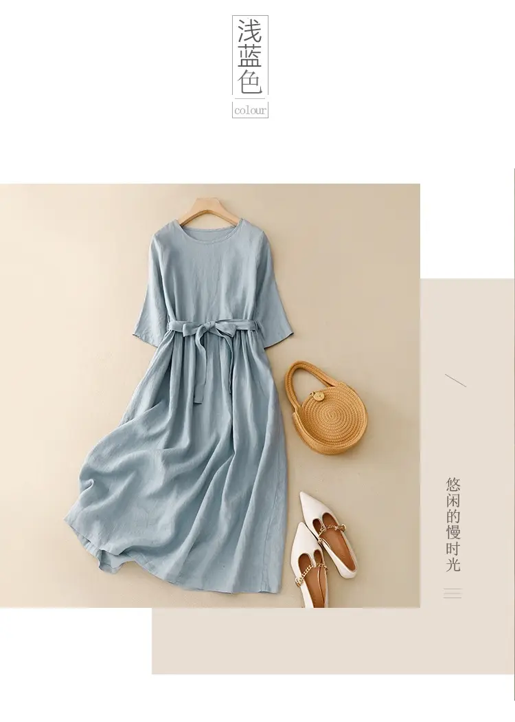 2026 Summer Dress Navy Cotton Belted Flared Long — feature 7