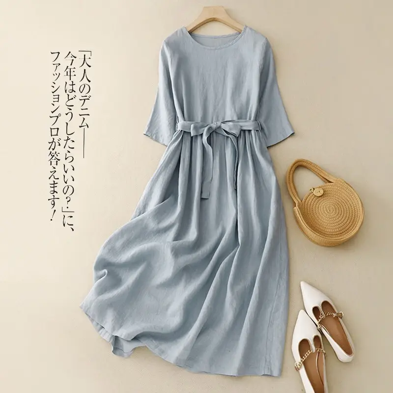 2026 Summer Dress Navy Cotton Belted Flared Long - Image 2